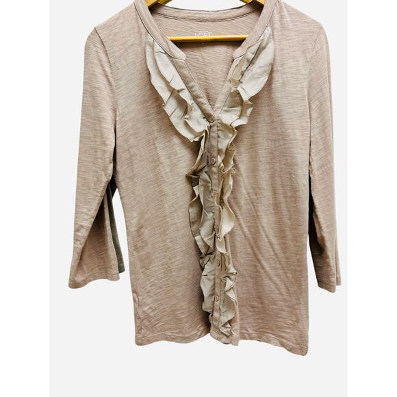 Ann Taylor LOFT Ruffle Button Cardigan Top Cotton Medium Beige - Picture 6 of 8